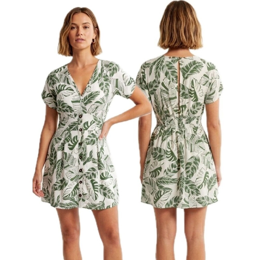 Sienna Sky Tropical Palm Print Button Front Keyhole Back Mini Dress Size XS